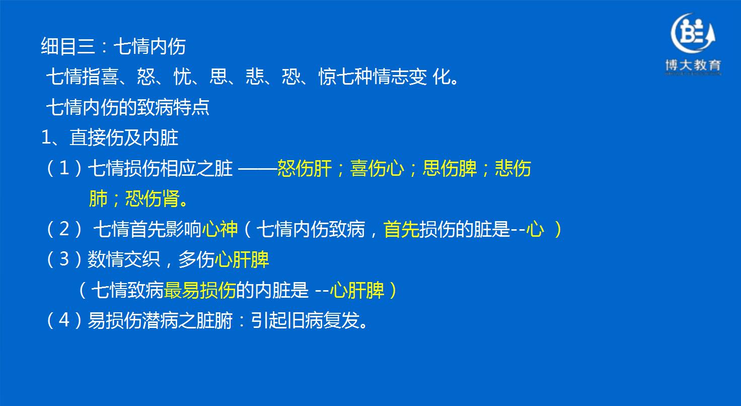 中医执业医师|中医基础理论|七情内伤的致病特点—博大教育免费教学